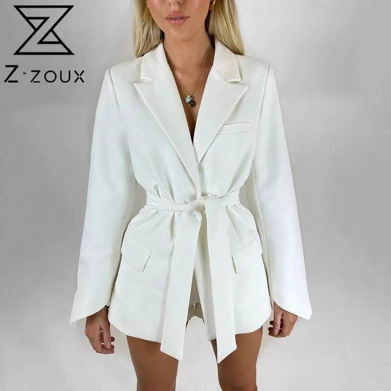 

GetSpring Women Blazer Lace Up Long Sleeve Ladies White Blazer Coat Loose Casual Long Women's Suit Jacket Fasshion Suit Blazer