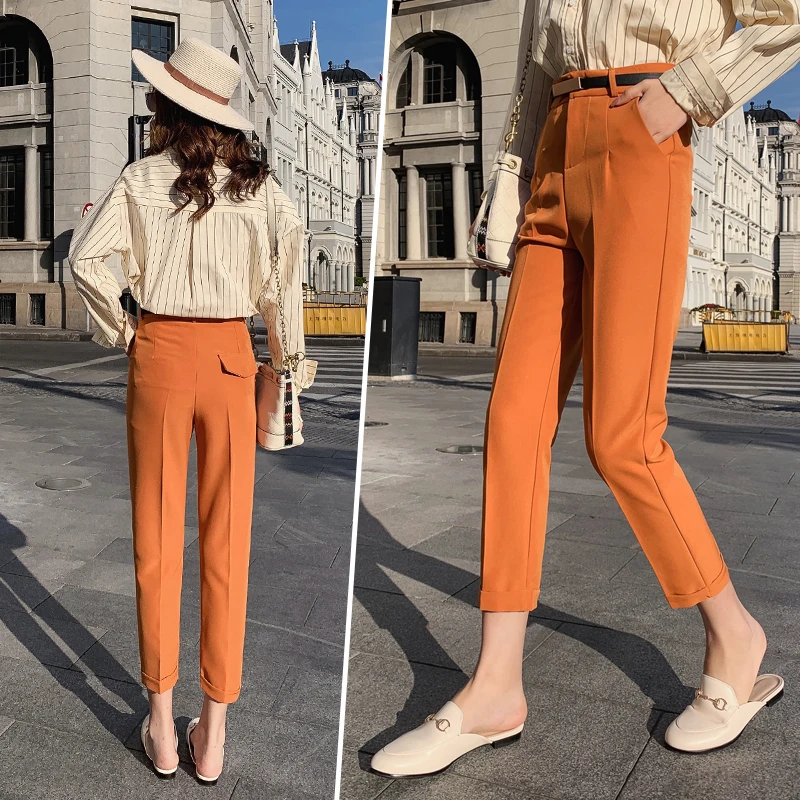 Женские повседневные брюки карандаш REALEFT бежевые с высокой талией и поясом