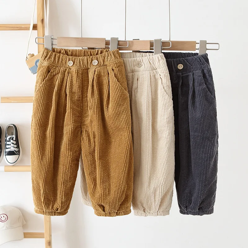 

Hotsale 2020 Winter Kids Trousers Korean Casual Baby Boys Girls Plus Velvet Warm Pants Toddler Child Solid Loose Corduroy Pants