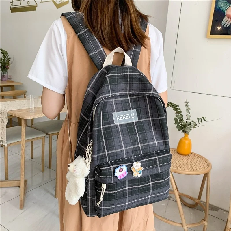 

Japanese Fashion Womens Backpack Check Stripe Travel Backpacks Large-capacity Casual School Backpacks 2021