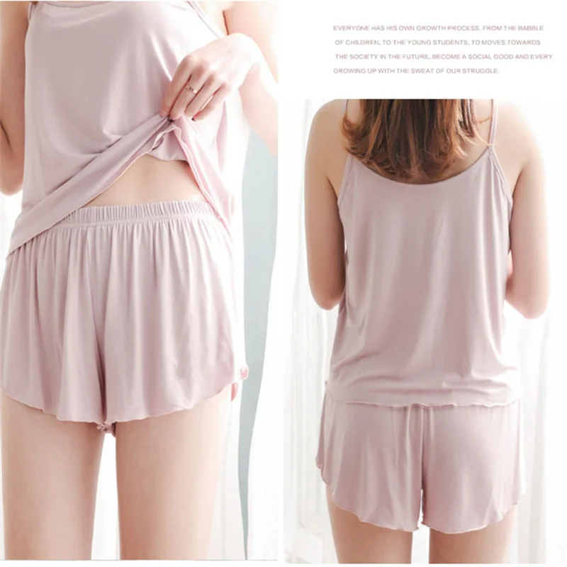 

Summer Women's Sexy Pajamas Suit Sleeveless Sling Solid Female Sleepwear Cute Tank Top Shorts Set Nightwear for Lady Home Suit