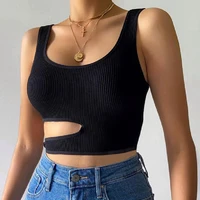summer women sexy solid color tank tops u neck sleeveless crop tops slim hollow out casual bandage knitting short clothing