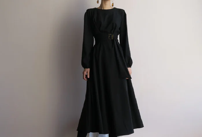 

Korean Style New Fashion Vintage Solid Waist Hugging Mid-Calf A-Line Woman Dress V474