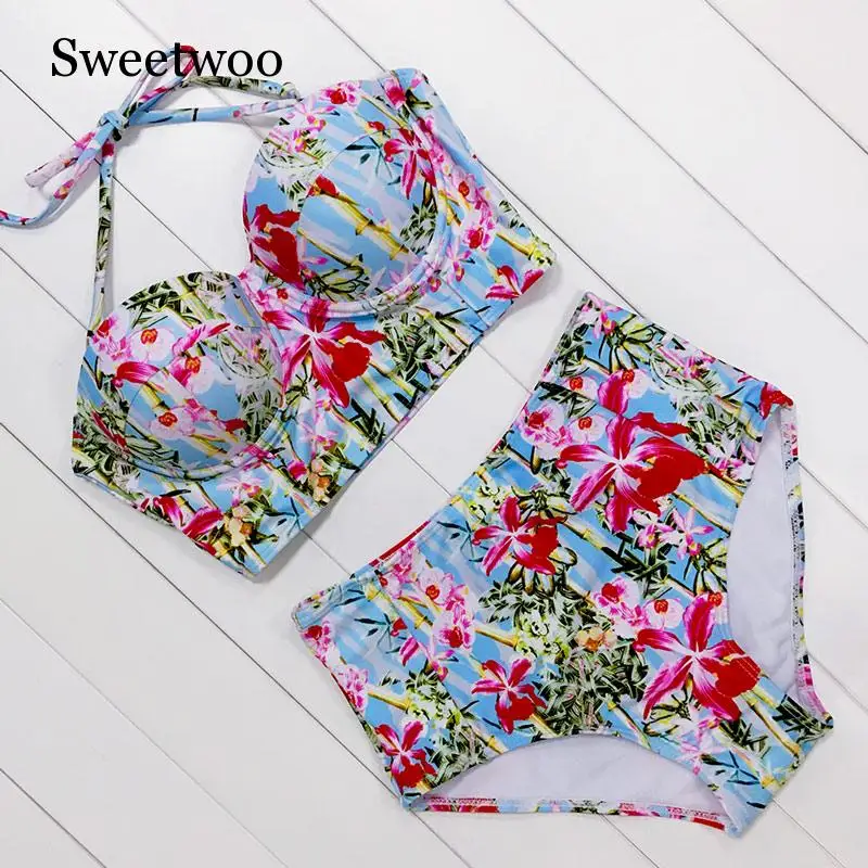 Пикантные Цветочный принт Высокая талия Купальник 2019 бикини пуш ап купальник Для