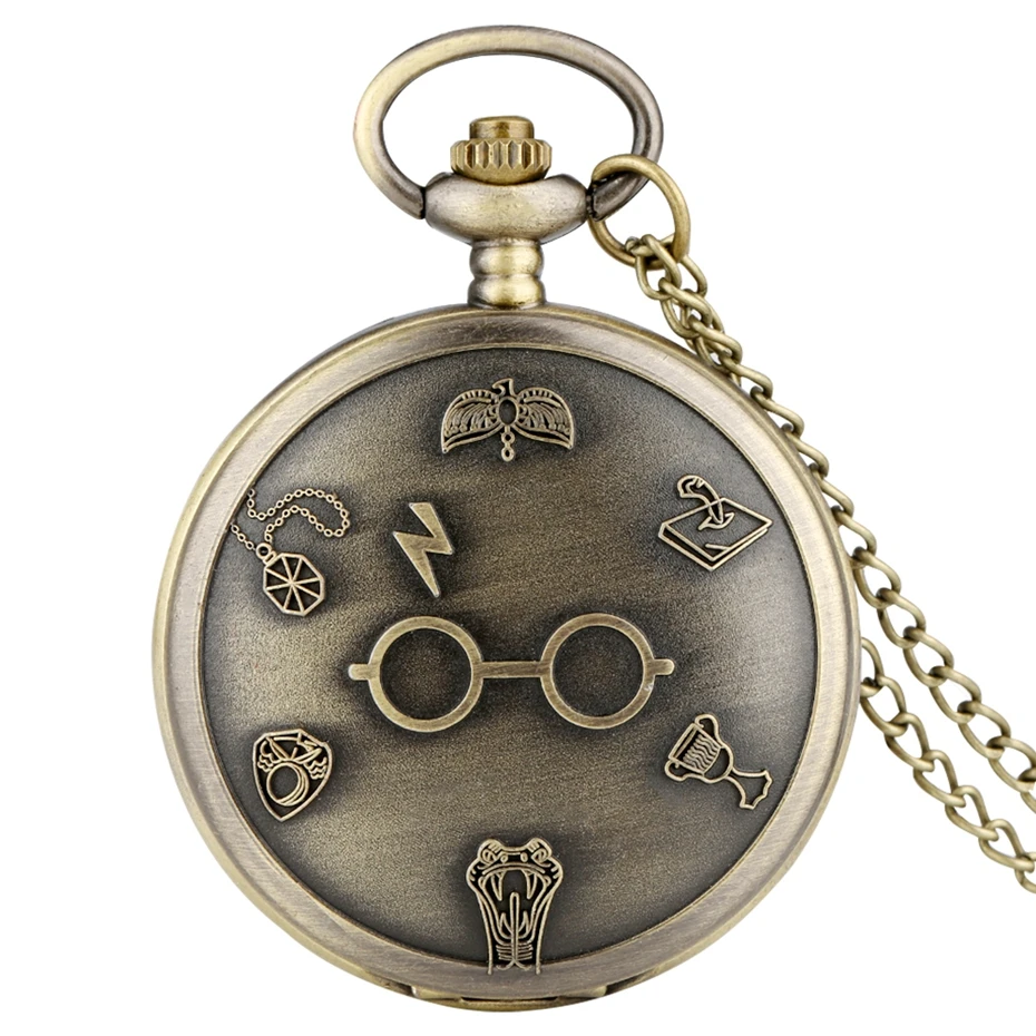 

Retro Bronze Harajuku Clock Lightning Glasses Quartz Pocket Watch Necklace Flash Glasses Graphic Pendant Chain Art Antique Gifts