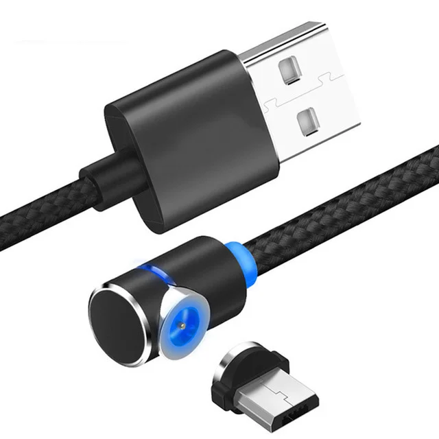 90 градусов светодиодный магнитный кабель Micro usb Тип C 2.4A для iphone X S Зарядный провод кабель для Xiaomi huawei samsung S10 Зарядное устройство Шнур - Цвет: Черный