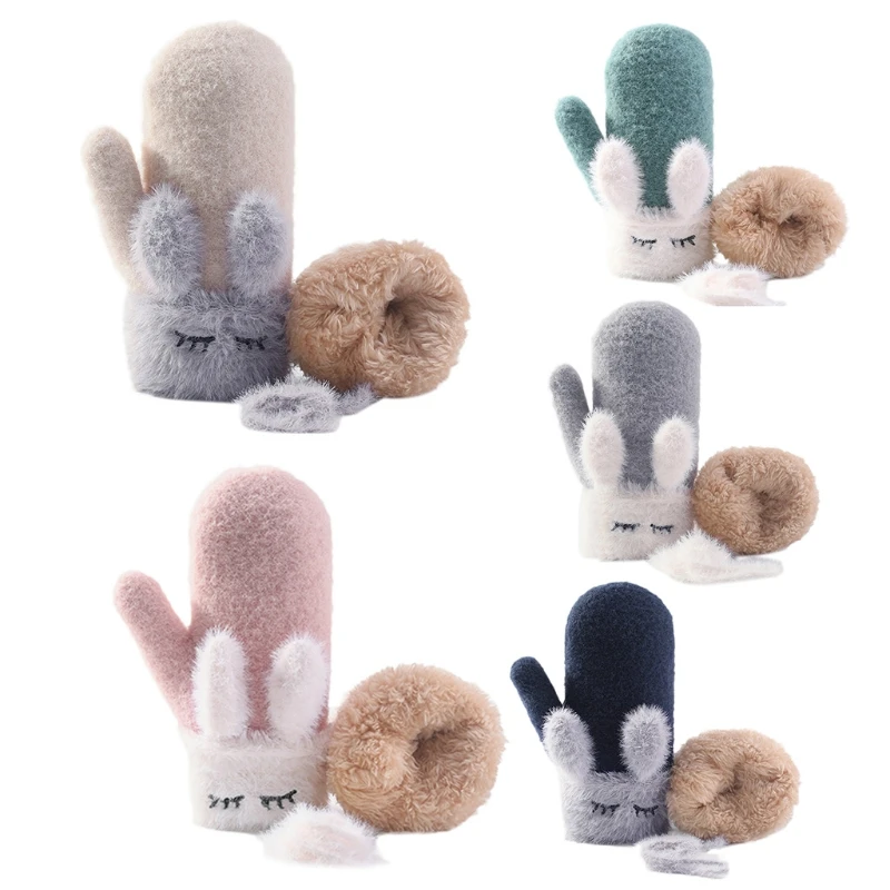 

Toddler Kids Winter Warm Fuzzy Full Finger Gloves Cute Cartoon Rabbit Ears Thermal Plush Lined Hanging Neck Mittens