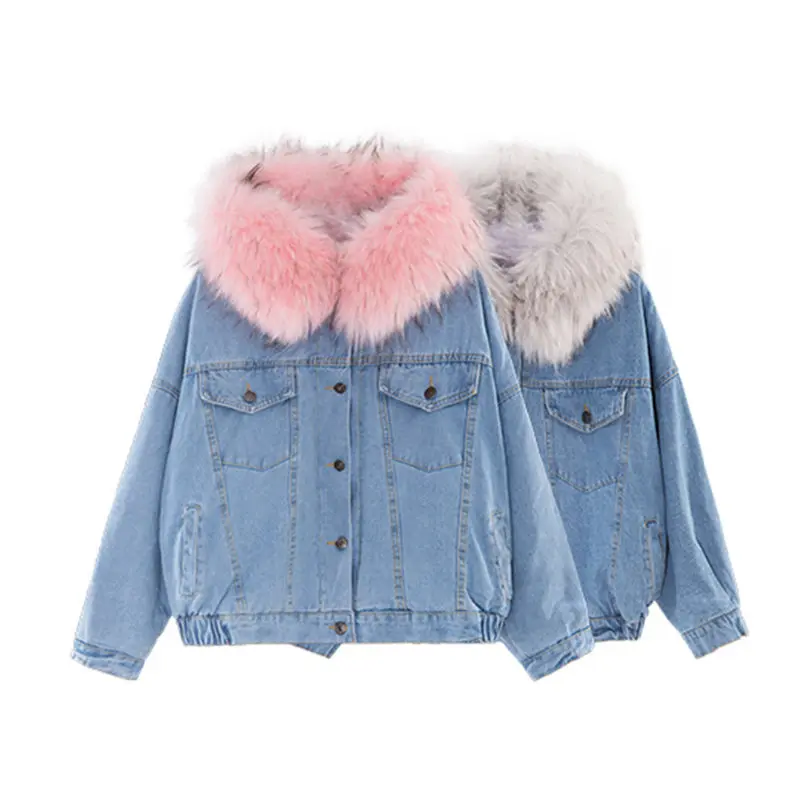 

2020 Big Faux Fur Collar Denim Jacket Women Winter Hooded Warm Jean Jacket Student Basic Short Parkas Female Bomber Coat