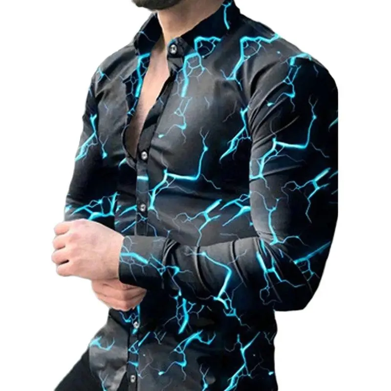 

2021 Autumn New Mens Shirt Shopping Casual Vintage Printed Clothes Slim Long Sleeve Turn-Down Collar Button Shirts Brand S-3XL
