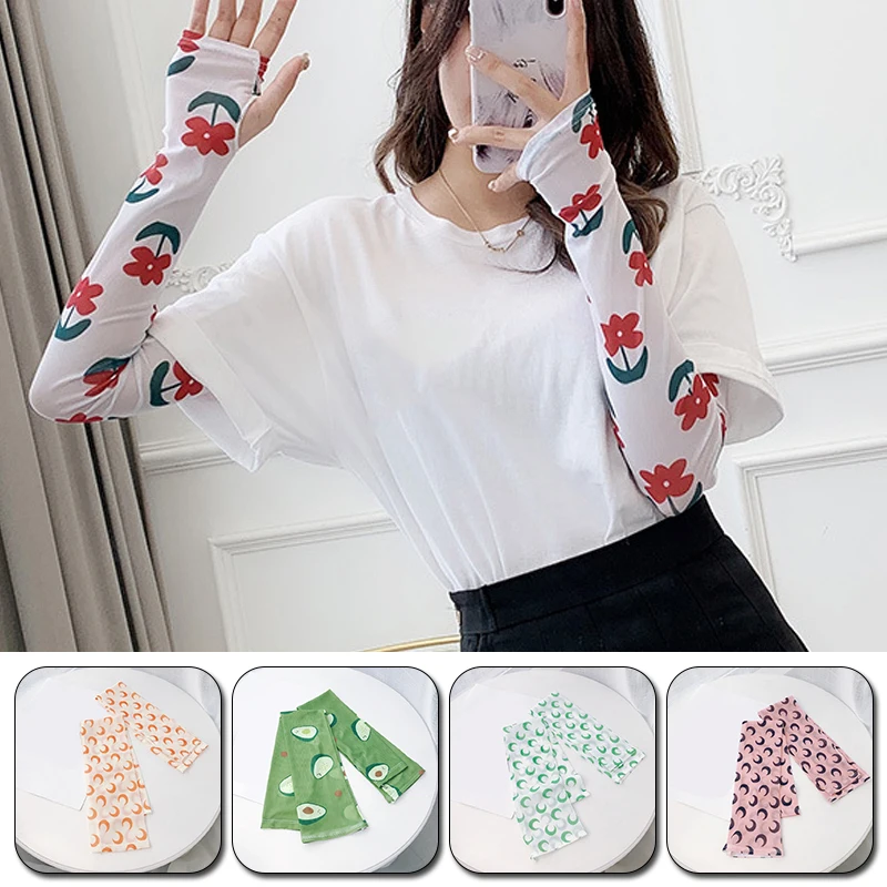 

Floral Print Lady Long Gloves Anti-UV Hand Protect Cover Arm Ice Silk Sunscreen Sleeves Outdoor Arm Warmer Half Finger Sleeves