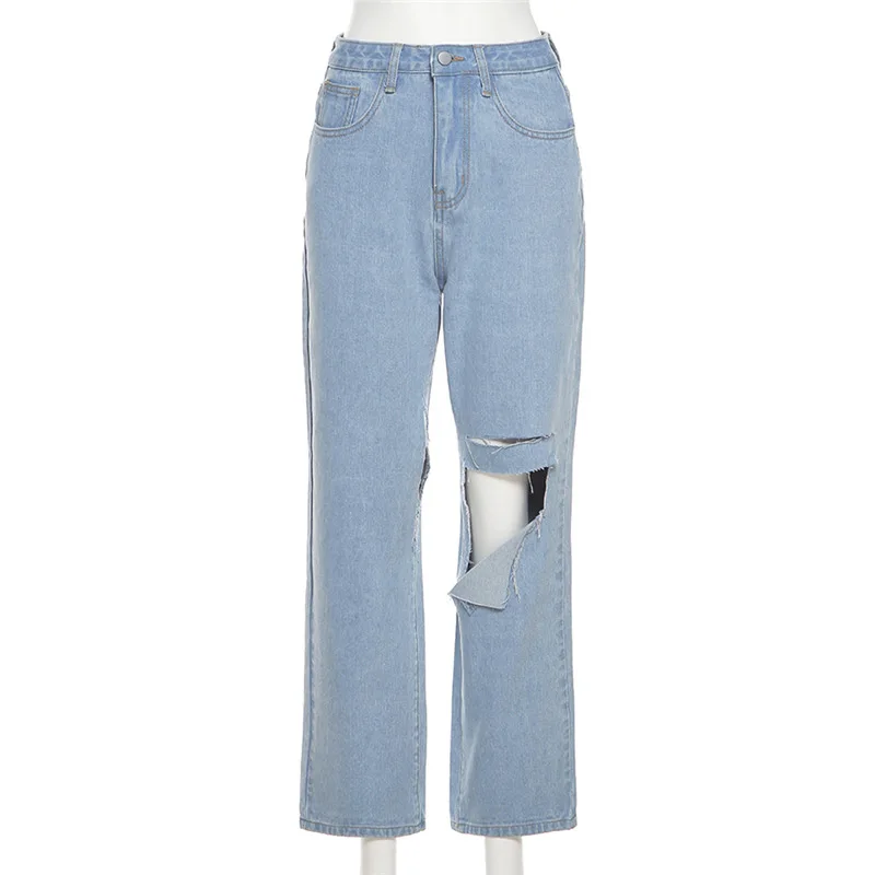 

2021 New Arrival Summer Style Female Fashion Sexy Summer Hole Blue Solid High Waist Hot Night Club Denim Flare Pants