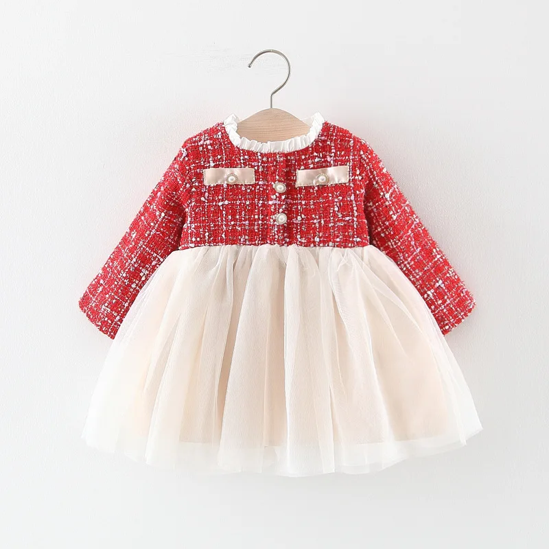 Праздничная одежда для маленьких девочек детская из твида и ткани красного цвета
