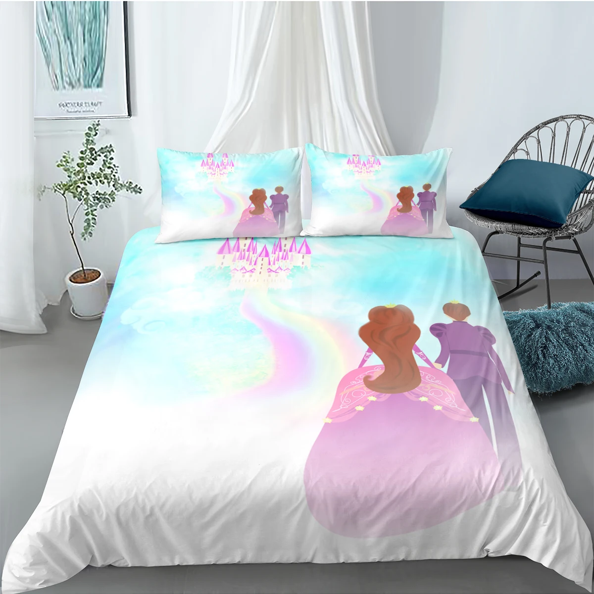 

Winter Cartoon Castle Landscape Duvet Cover Kids Bedding Set Fairy Home Textile 3D Bedclothes Pillowcase Twin Full Size135x200