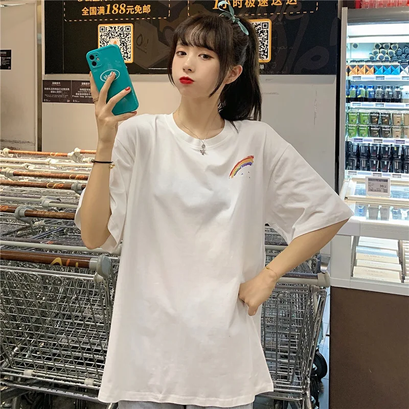 

Woman Tshirts Japanese Street Rainbow Print Loose Short-sleeved Hot Sale College Wind Tops Summer Plus Size Shirts for Women