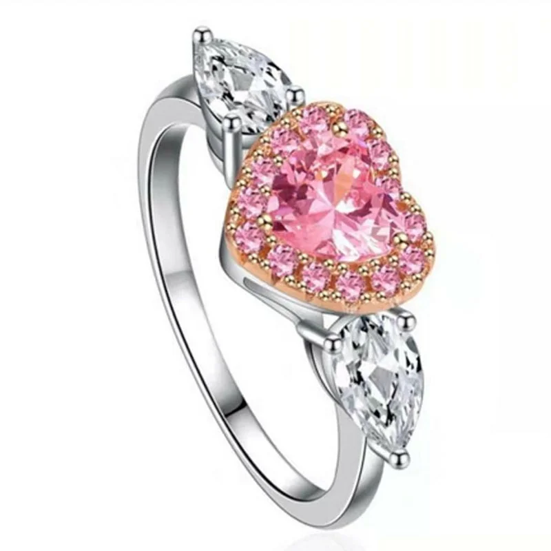 

Pink love zircon new women's ring multi claw set zircon new ring