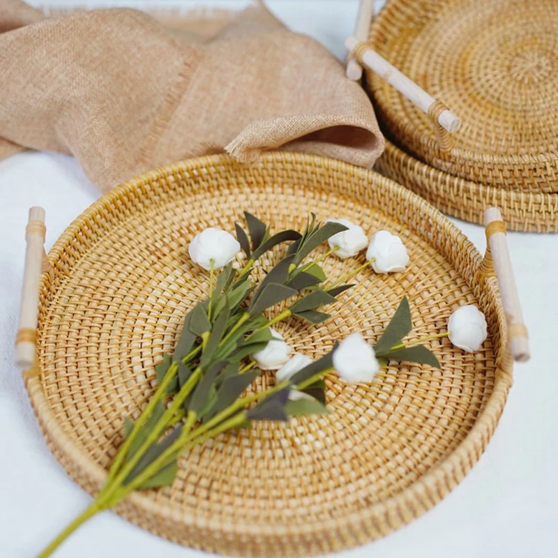 Hand-woven Rattan Round Storage Basket Tray With Wooden Handle Wicker Bread Fruit Cake Food Plate Decorative Serving | Дом и сад