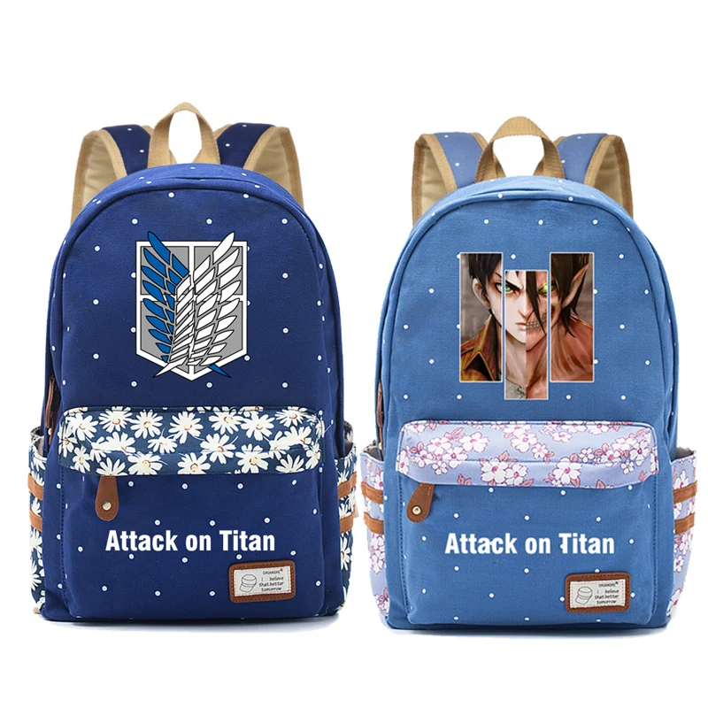 

New Hot Anime Attack on Titan Backpack for Women Girls Cute Canvas Shingeki No Kyojin Bag Flowers Wave Point Backpack Travel Bag