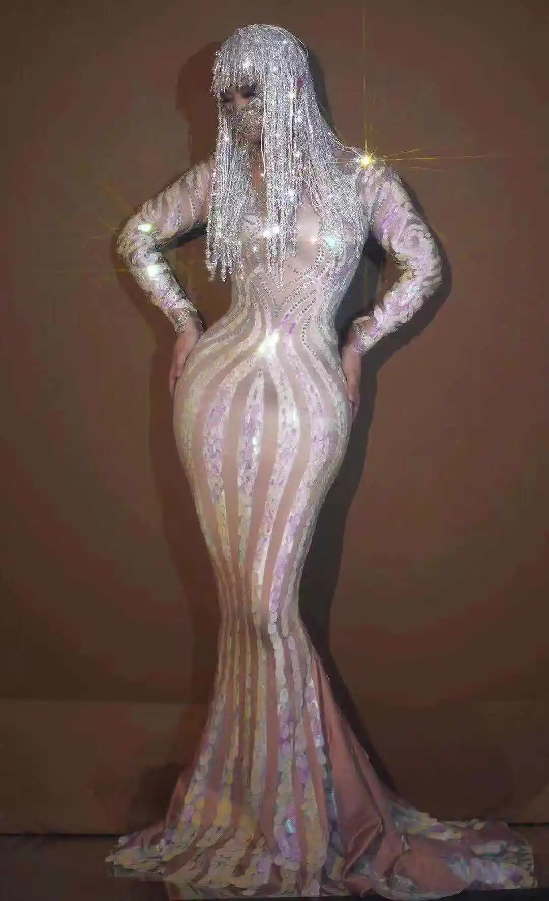 

Flashing Multi-color Rhinestone Sequin Long Dress Birthday Celebrate Mermaid Outfit Women Dancer Prom Spandex Dresses