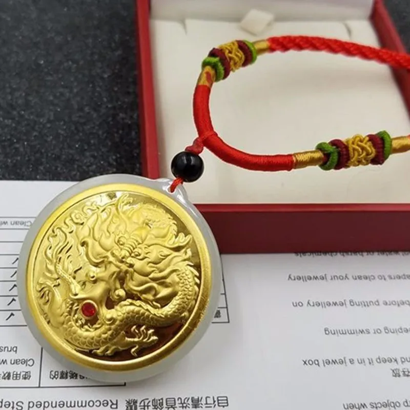 

LETSFUN 24K Gold Dragon Plate Inlaid Wada Jade Pendant Necklace Fashion Temperament Accessories Gifts