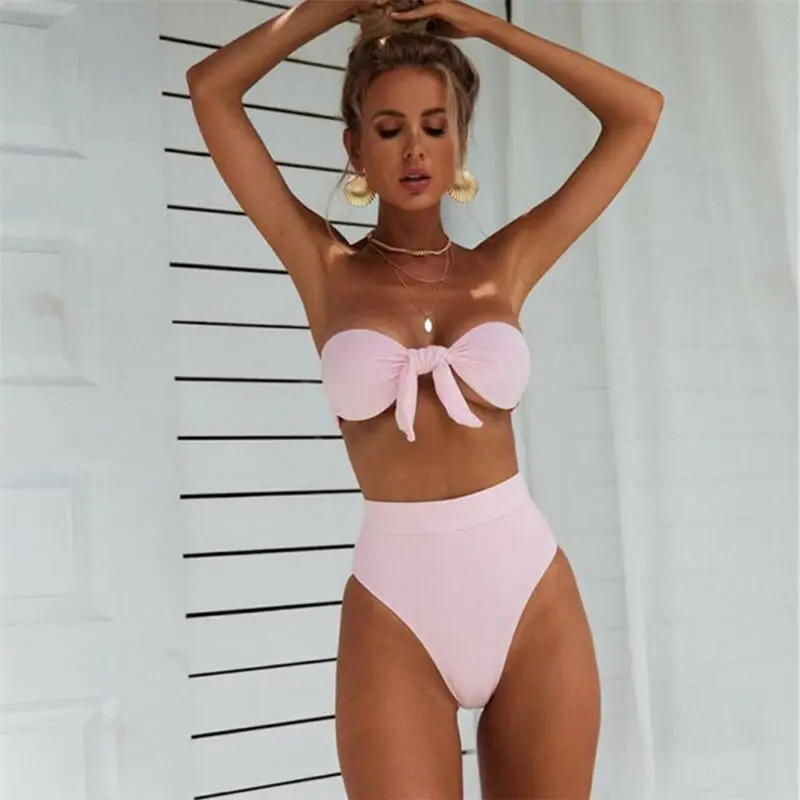 

2020 Women Sexy Solid Bandeau Strapless Swimsuit Bathing Padded Push Up Swimwear Suit Beach Bikini Set White Green Pink Black