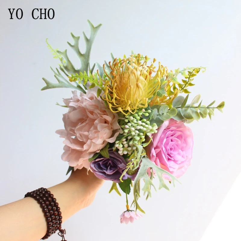 YO CHO букет роз Свадебный цветок для невесты Букет Искусственный шелк Роза Пион