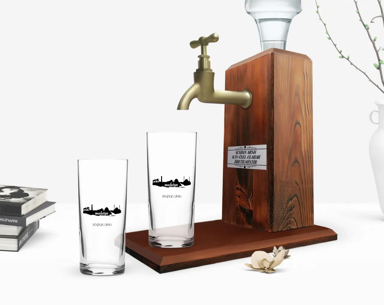 

Персонализированные Цветные принты Малатья дизайн туристических двойной Arrack чашки и деревянные стойки подарок Seti-1