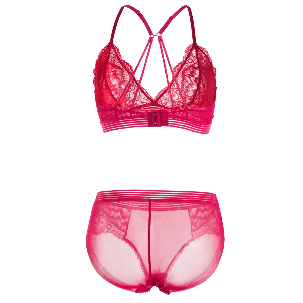 

Unlined Lace Sexy Lingerie Bra & Brief Sets Beauty Back Y-line Straps Plus Size Sheer Mesh Underwear Wireless Bralette