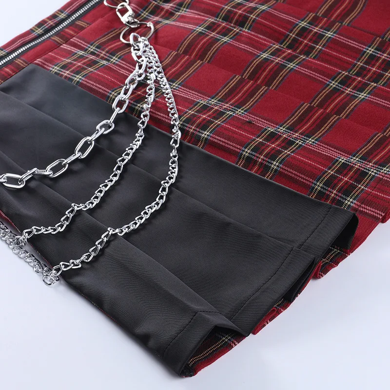 

Goth Punk Red Plaid Pleated Skirt Streetwear Fashion Chain High Waist Mini Skirts Harajuku Black Patchwork Girl Skirt