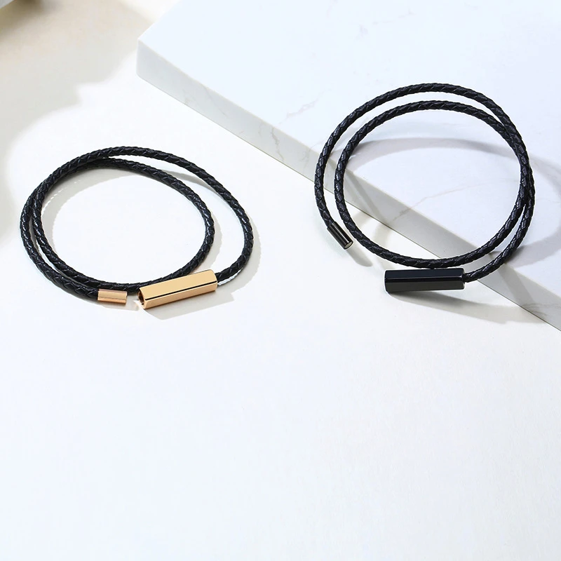 

MENS BRAIDED LEATHER STAINLESS STEEL ENGRAVABLE BAR BRACELET DOUBLE WRAP WOVEN BRACELET