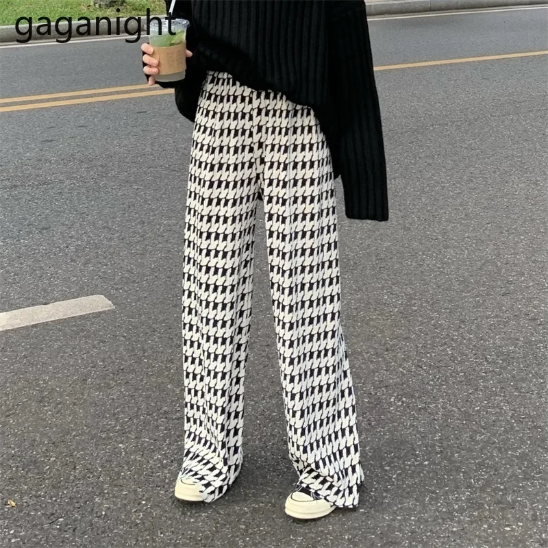 

Gaganight Women Houndstooth Thick Pants 2021 Spring Autumn Casual Straight Loose Velvet Wide Leg Pants High Waist Casual Pants