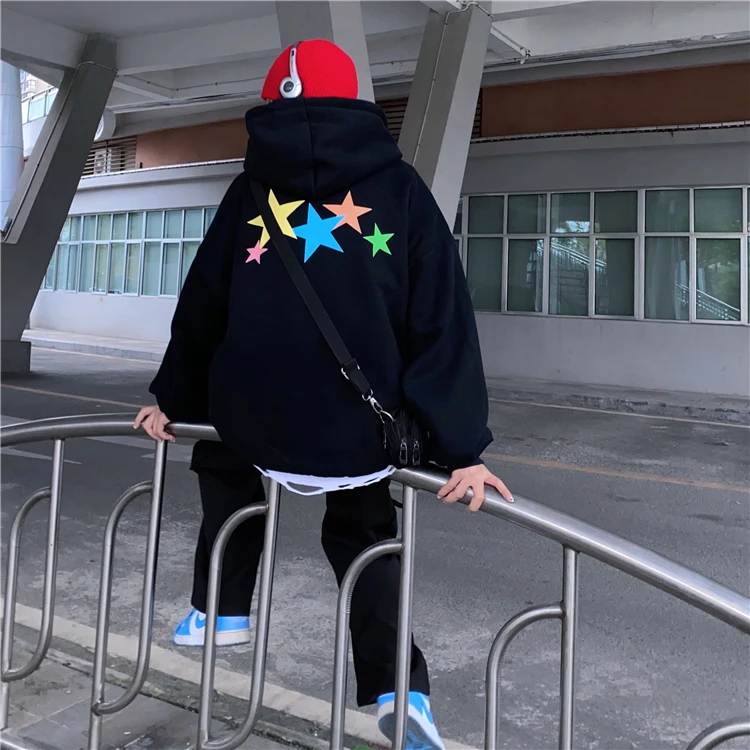 

Ins Harajuku Style Pullovers Casual Style Loose Hooded Autumn Winter Oversize Sweatshirts Women's Clothing Black Fashion Brand