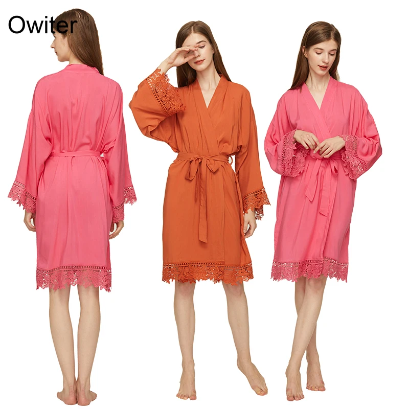 Women Cotton Lace Robe Bride Robe Bridesmaid Robes Bridal Wedding Robe Bathrobe Sleepwear Dressing Gown Orange Robes