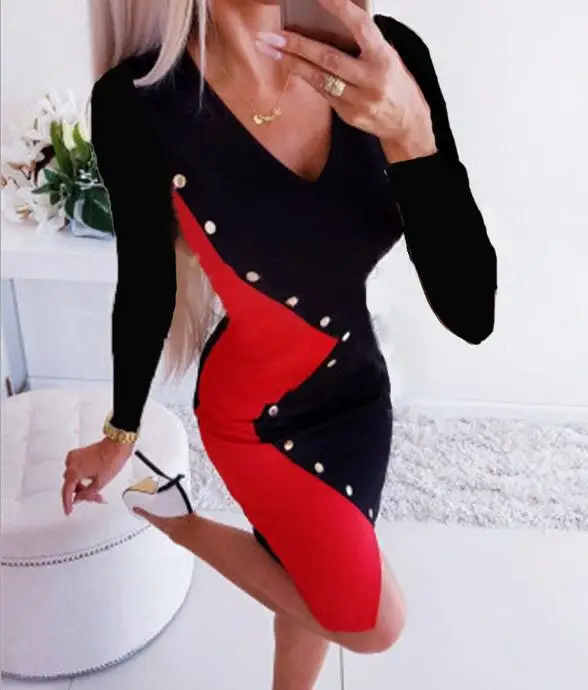 

European and American autumn new elegant female button long-sleeved V-neck fashion sexy nightclub Vestidos party Dresses