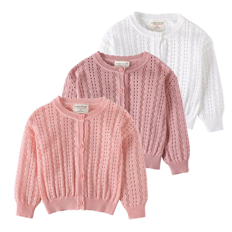 

2021 Summer Children Outerwear Baby Girls Hollow Out Sweater Kids Cardigan Cotton Sunscreen Knit Wear 3 Colours Hot Sale