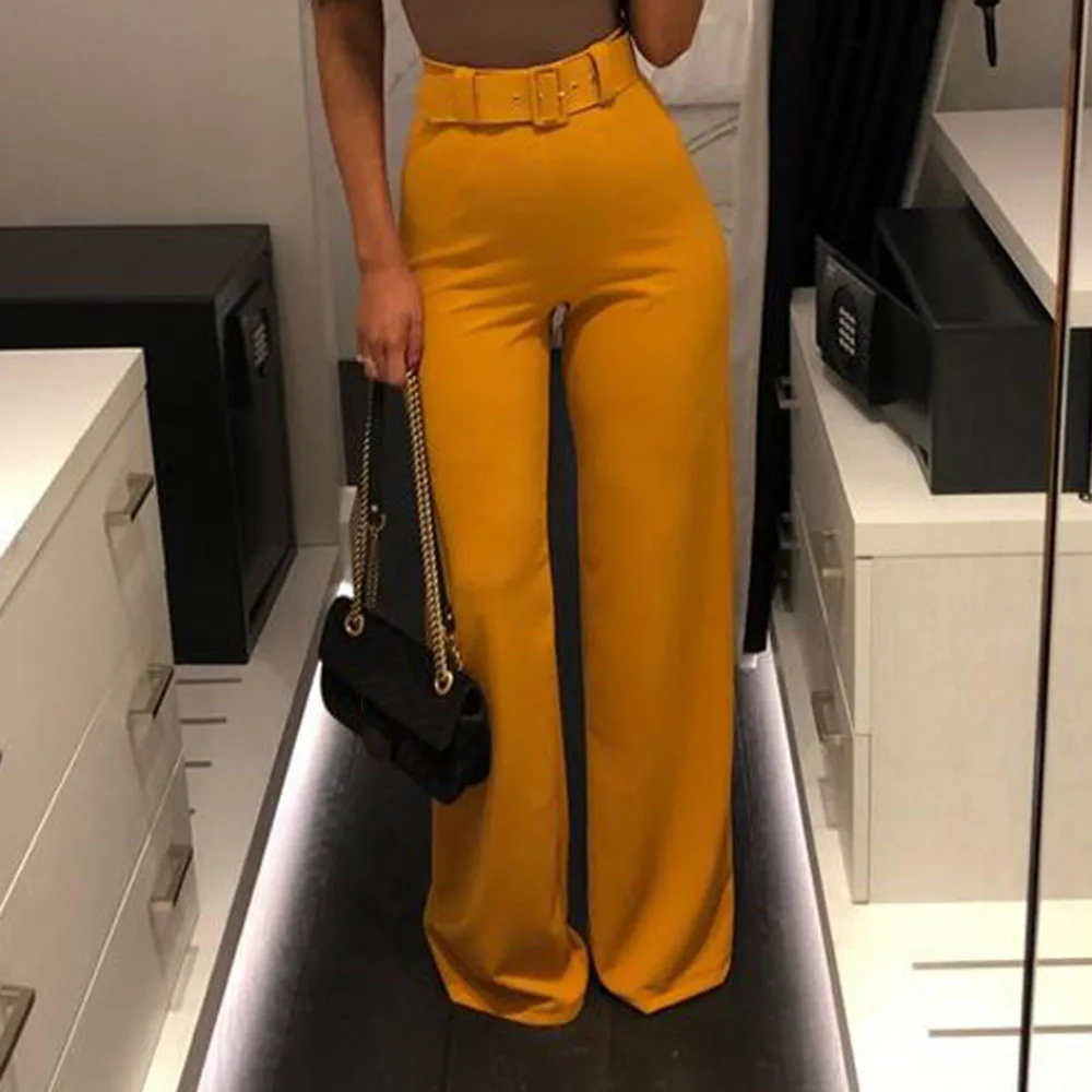 

Women Wide Leg Pants Casual High Waist 2020 Autumn Black Office Pants Female Yellow Sexy Fashion Trousers Workwear Elegant Long