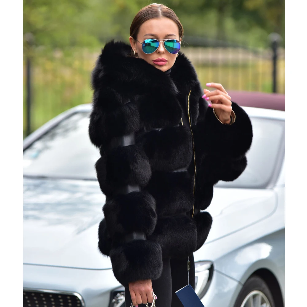 Fashion Black Real Fox Fur Coat with Hood Genuine Leather Natural Whole Skin Real Fox Fur Jacket with Zipper Trendy Fur Overcoat enlarge