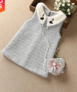 Autumn Winter 2019 Girls Chequered Vest Dress Pearl Swan with Love Bag Doll Collar Children Waistcoat Dresses Wholesale | Детская одежда