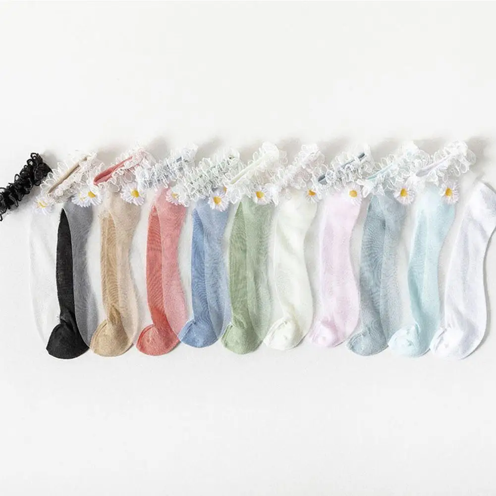 

Women Socks For Summer Ultra-thin Transparent Cass Glass Fiber Silk Socks Fashion Flower Japan Ankle Socks Q6K9