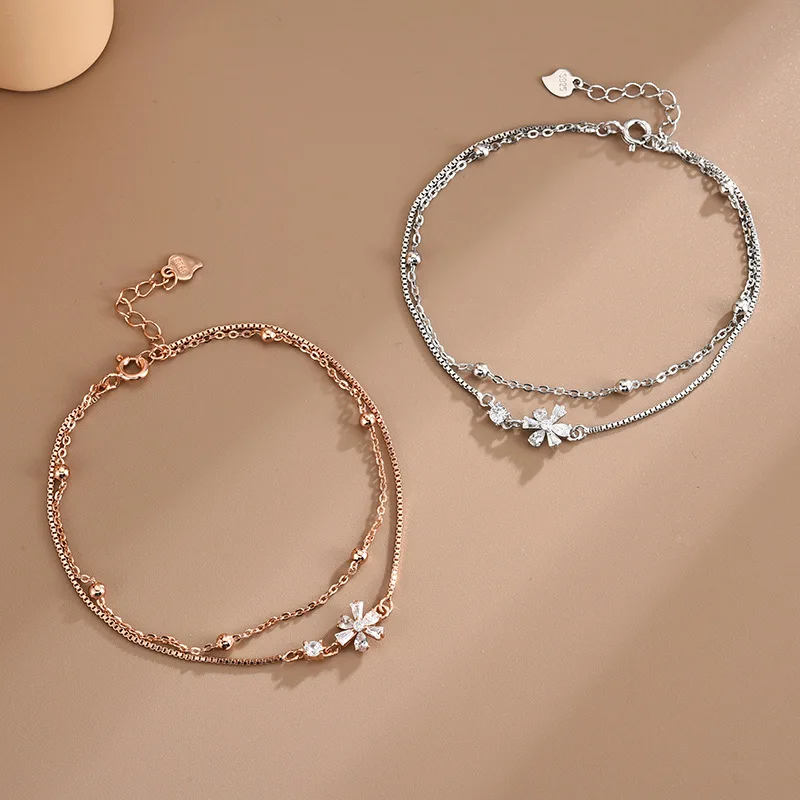 

925 Sterling Silver Double Layer Zircon Flower Charm Bracelet Bangle For Women Girls Party Wedding Jewelry Accessories sl422