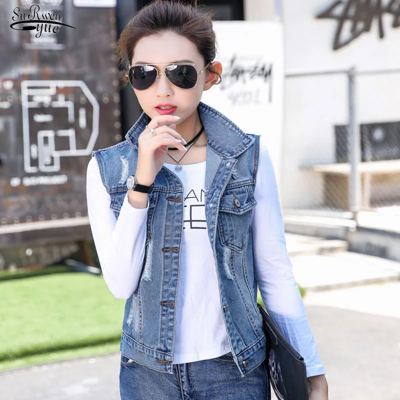 

Autumn New Sleeveless Casual Tops Women's Denim Vests Coat Female Jeans Waistcoats Denim Short Jackets Plus Size 3XL Coats 14834