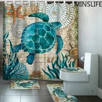 Dark Blue Sea Turtle Starfish Seaweed Print Fabric Shower Curtains Bathroom Sets Non-Slip Carpets Bath Curtains Mat Home Decor