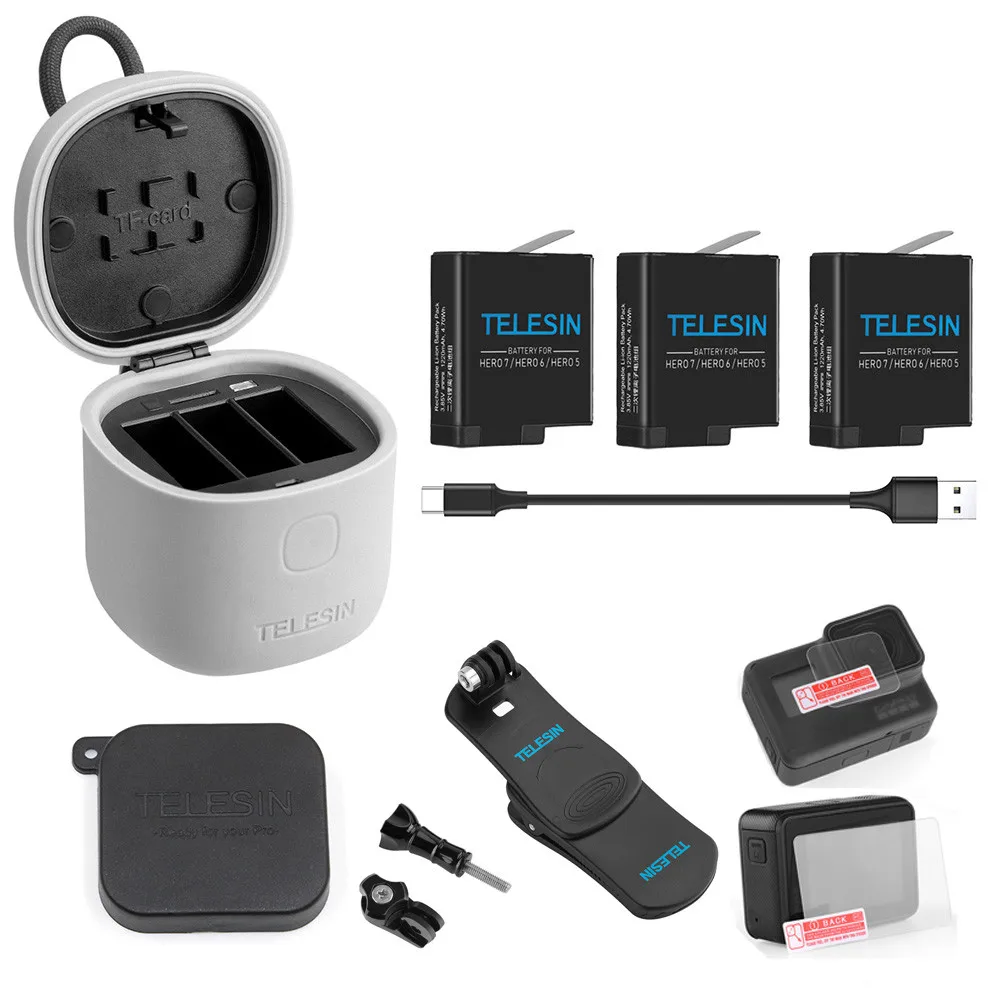 3 Battery Set TELESIN 2 шт батарея и 3 слота зарядное устройство TF кардридер зарядный ящик для хранения рюкзак зажим крышка объектива для Gopro Hero 7 6 5 черный - Цвет: 3 Battery Set