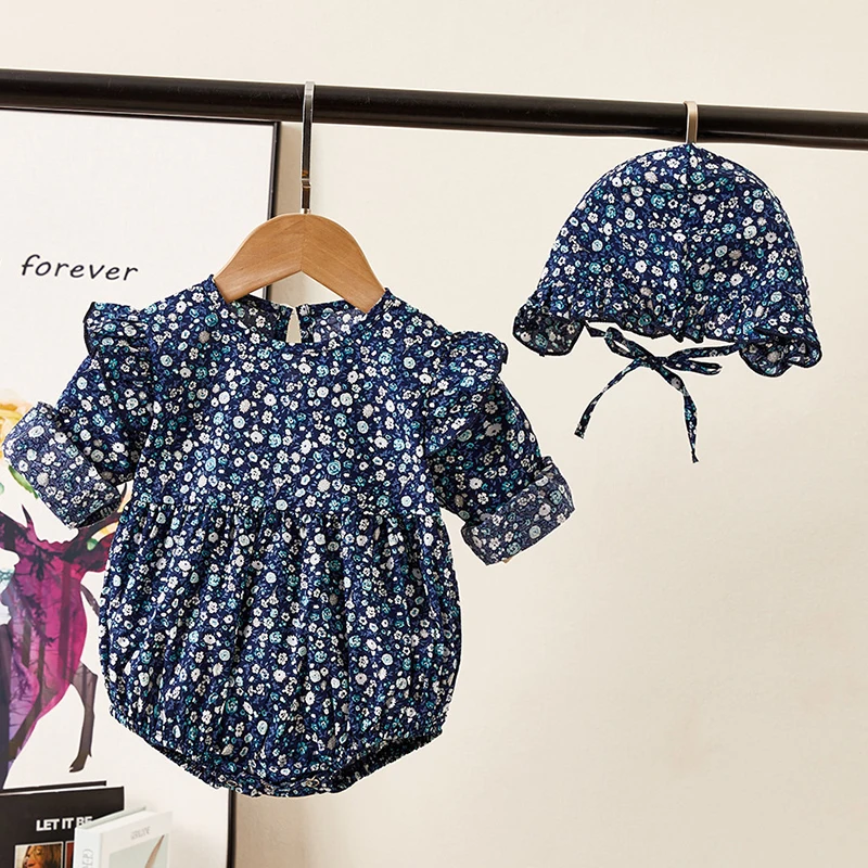 Новый осенний комбинезон для новорожденных девочек с цветочным принтом + шапочка