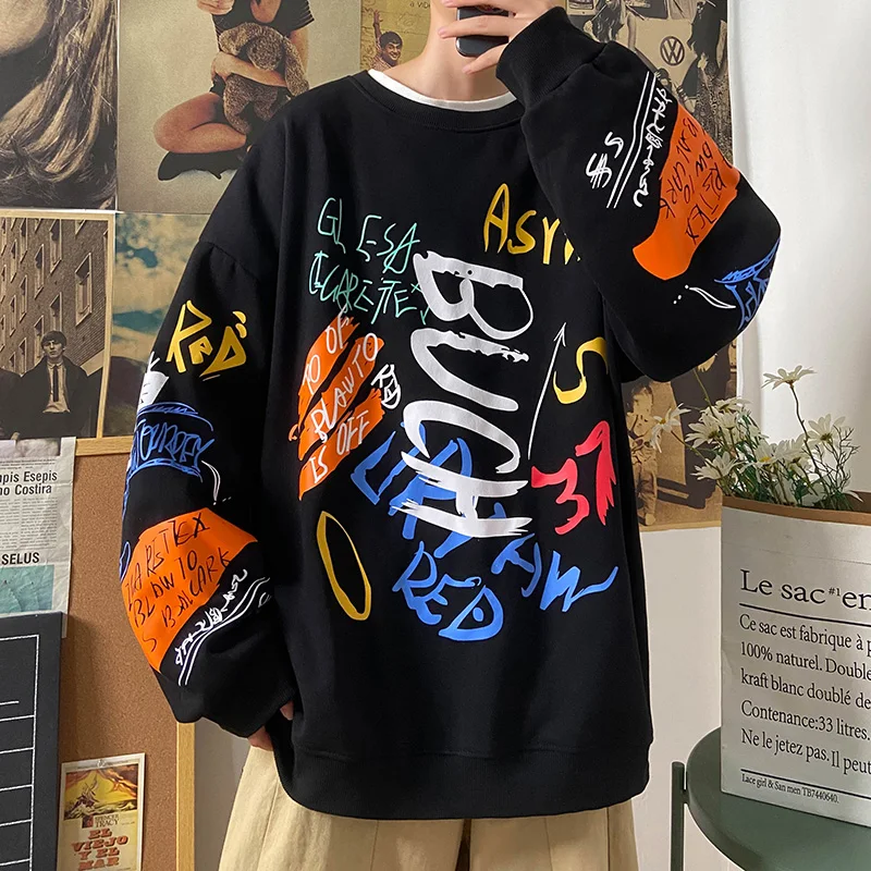 

AIRGRAICAIS 2021 Spring New Round Neck Long Sleeve Hip-Hop Colorful English Graffiti Casual Sweatshirt Streetwear Asian Size