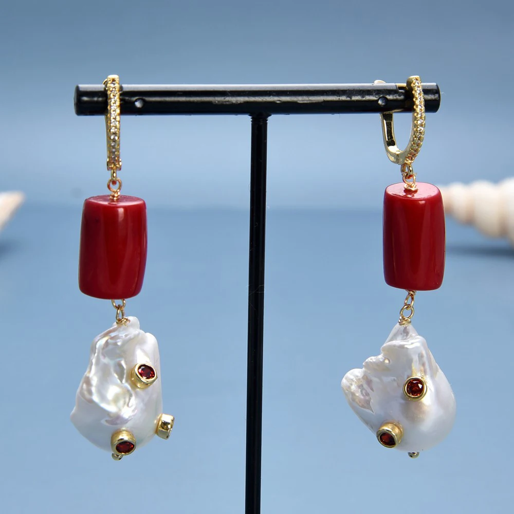 Freshwater Cultured White Keshi Pearl Red Coral Dangle CZ Pave Hook Earrings Women Jewelry