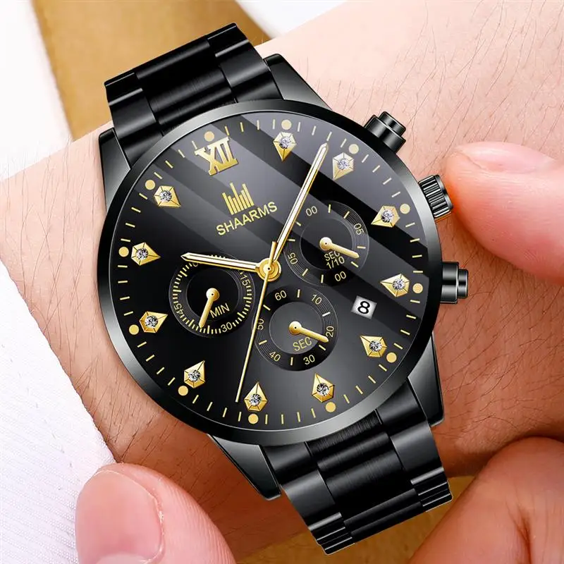 SHAARMS мужские часы золотые черные нержавеющая сталь кварцевые с датой наручные
