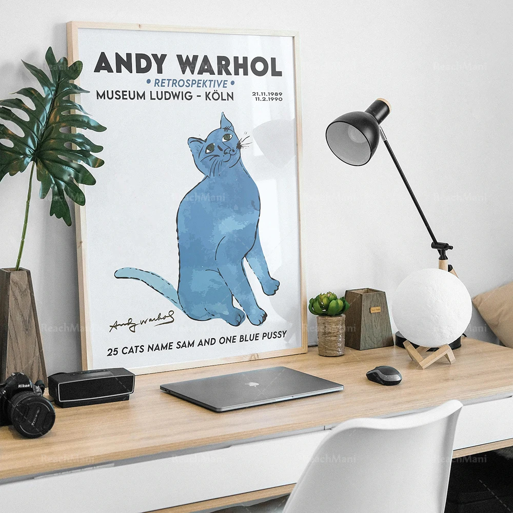 

Andy Warhol Art Exhibition poster, a blue cat, cat poster, retro art, animal poster, printable high-quality art deco poster