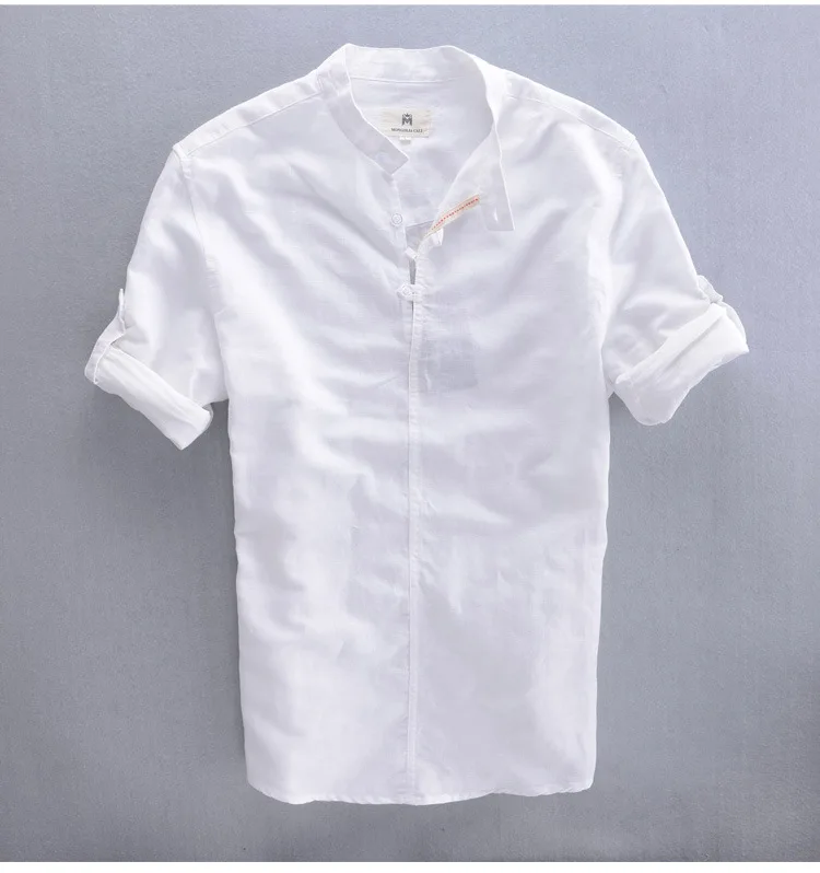 Белая Мужская льняная рубашка с длинными рукавами темно-небесно-голубого цвета