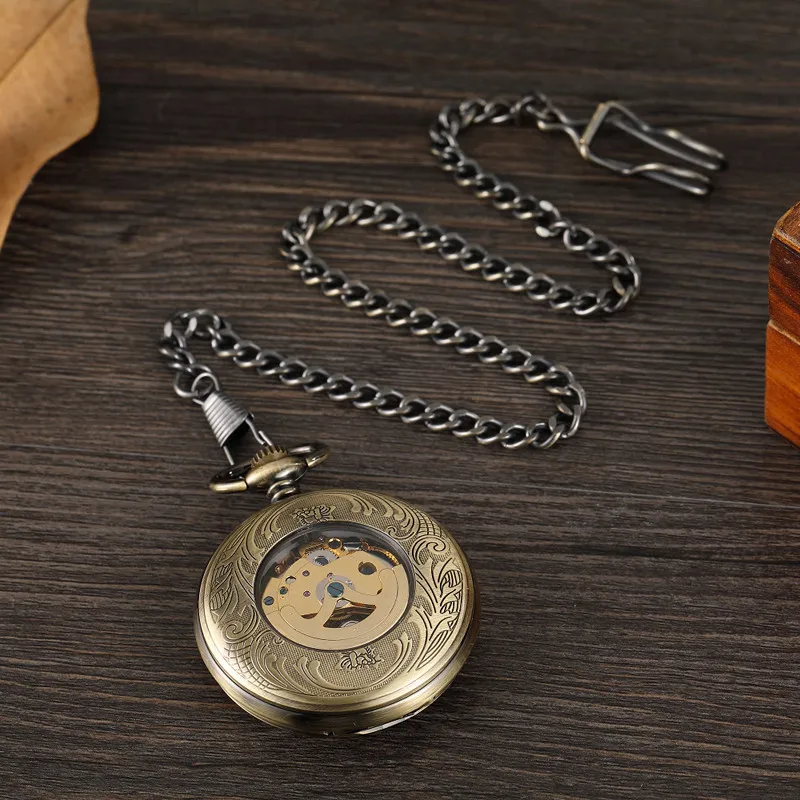 

Steampunk Train Locomotive Bronze Retro Mehchanical Pocket Watch Men Engrave Skeleton Hand Watch Necklace With Chain Unisex Gift