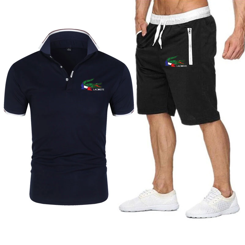 

2021 men's new track suit men's slim polo shirt + shorts suit casual solid color sportswear men's casual wicking suit su